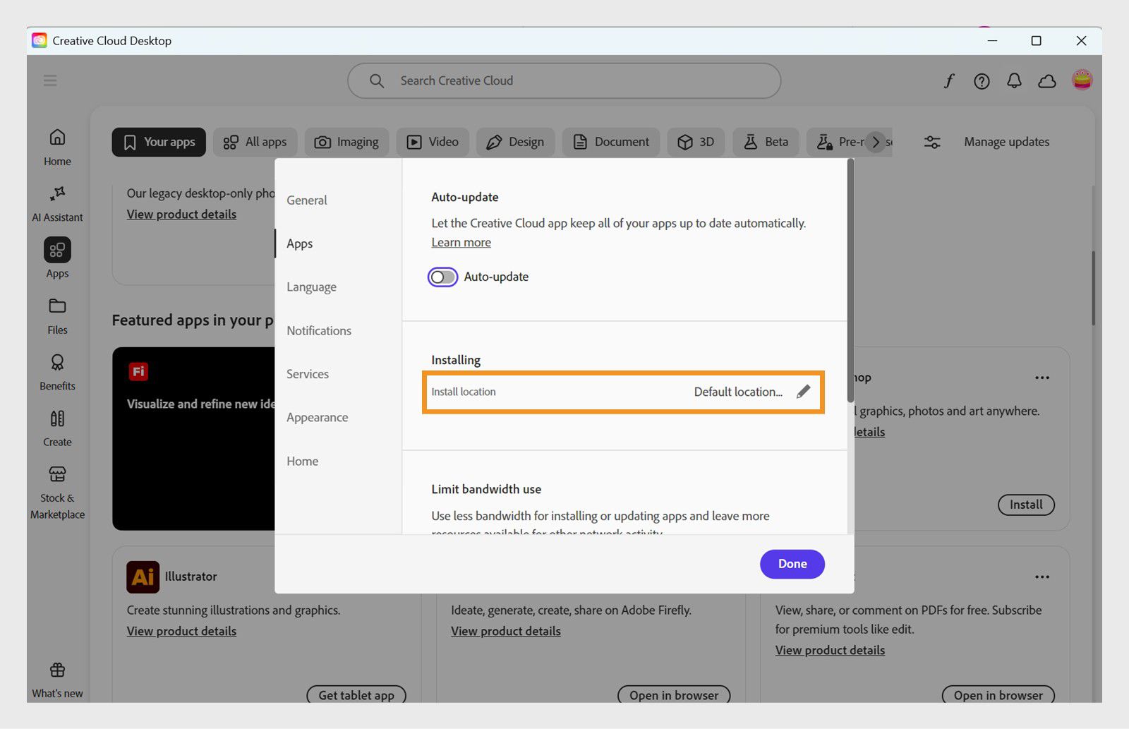 Панелът с предпочитания на Adobe Creative Cloud е отворен на раздела „Приложения“, като се подчертава раздела „Инсталиране“, където потребителите могат да зададат местоположението за инсталиране по подразбиране.