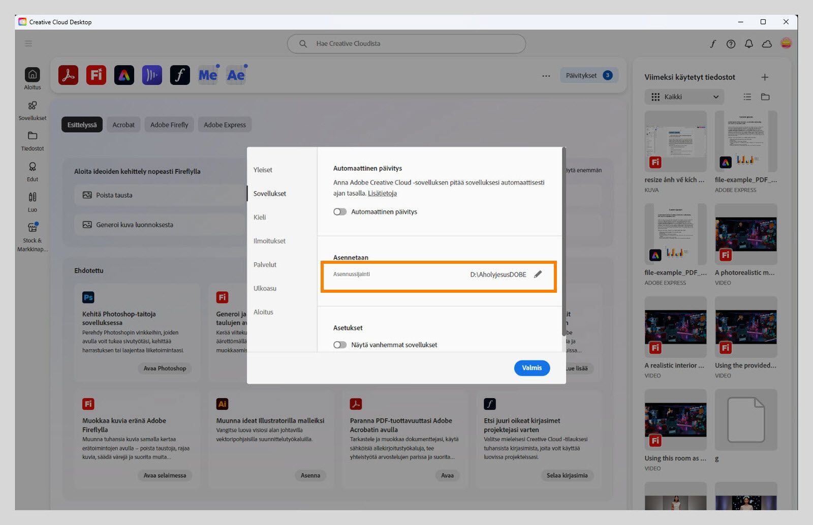 Adobe Creative Cloud -asetusten paneeli auki ”Sovellukset”-välilehdellä, jossa on korostettuna ”Asennetaan”-osio, jossa käyttäjät voivat asettaa oletusasennussijainnin.