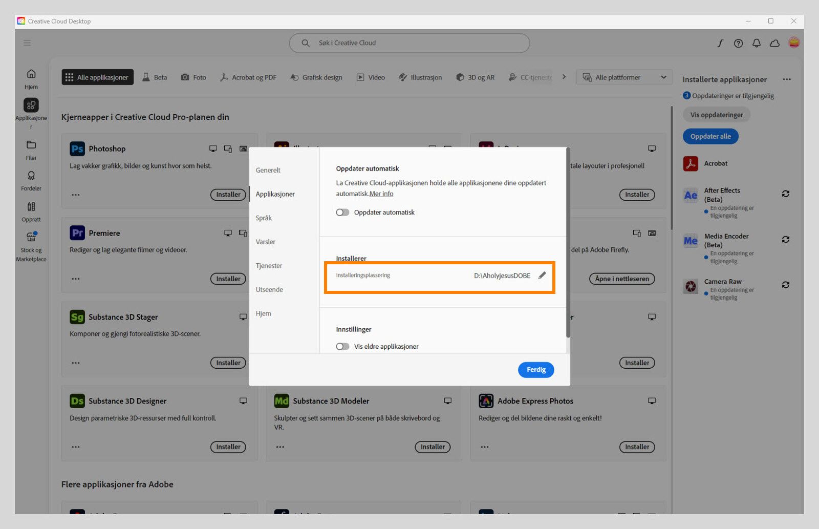 Adobe Creative Cloud-preferansepanelet åpnes i «Apper»-fanen, og «Installerer»-delen er uthevet der brukerne kan angi standard installasjonssted.