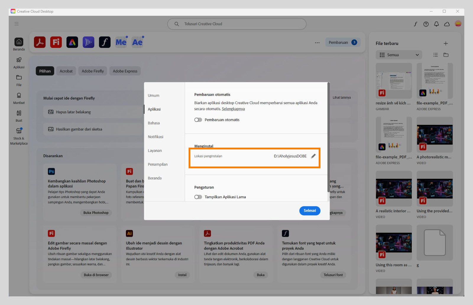 Panel preferensi Adobe Creative Cloud terbuka pada tab "Aplikasi", menyoroti bagian "Menginstal" di mana pengguna dapat mengatur lokasi instalasi default.