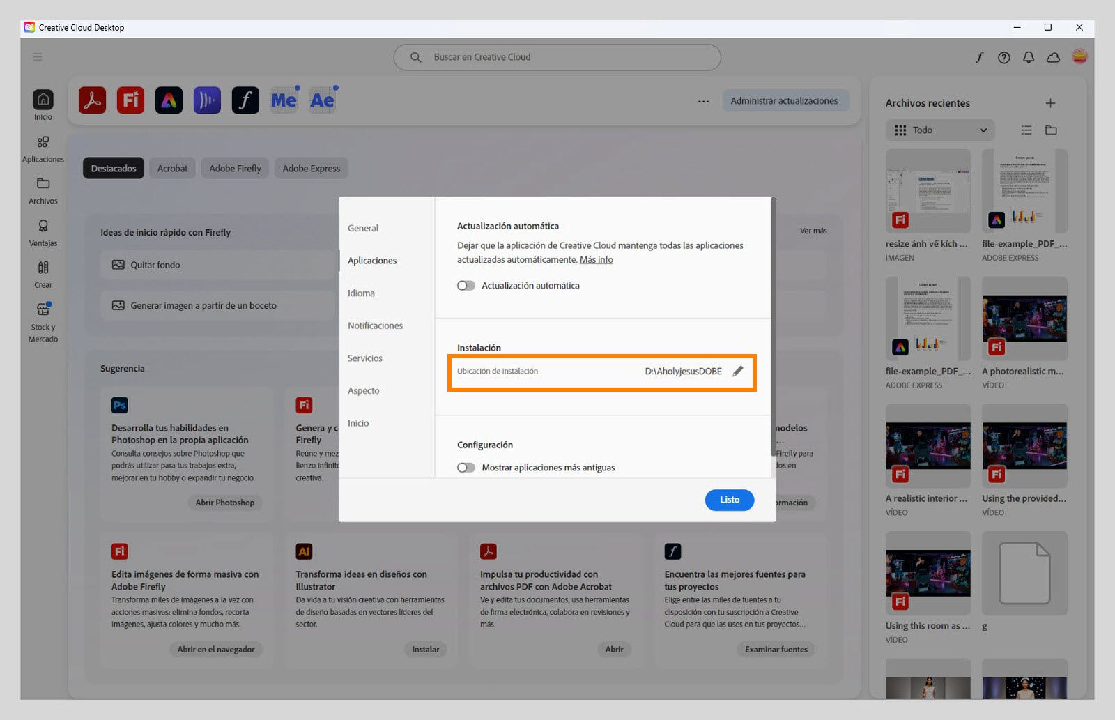 Panel de preferencias de Adobe Creative Cloud abierto en la pestaña "Aplicaciones", resaltando la sección "Instalación" donde los usuarios pueden establecer la ubicación de instalación predeterminada.