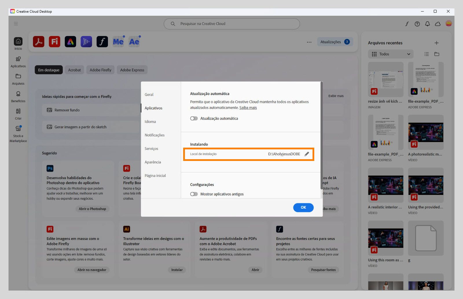 Painel de preferências da Adobe Creative Cloud aberto na guia “Aplicativos”, realçando a seção “Instalando”, onde os usuários podem definir o local de instalação padrão.