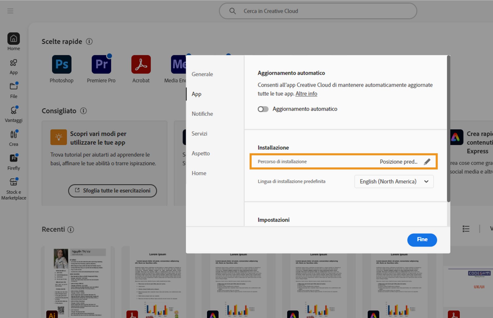 Pannello delle preferenze di Adobe Creative Cloud aperto nella scheda “Applicazioni”, che evidenzia la sezione “Installazione” dove gli utenti possono impostare la posizione di installazione predefinita.