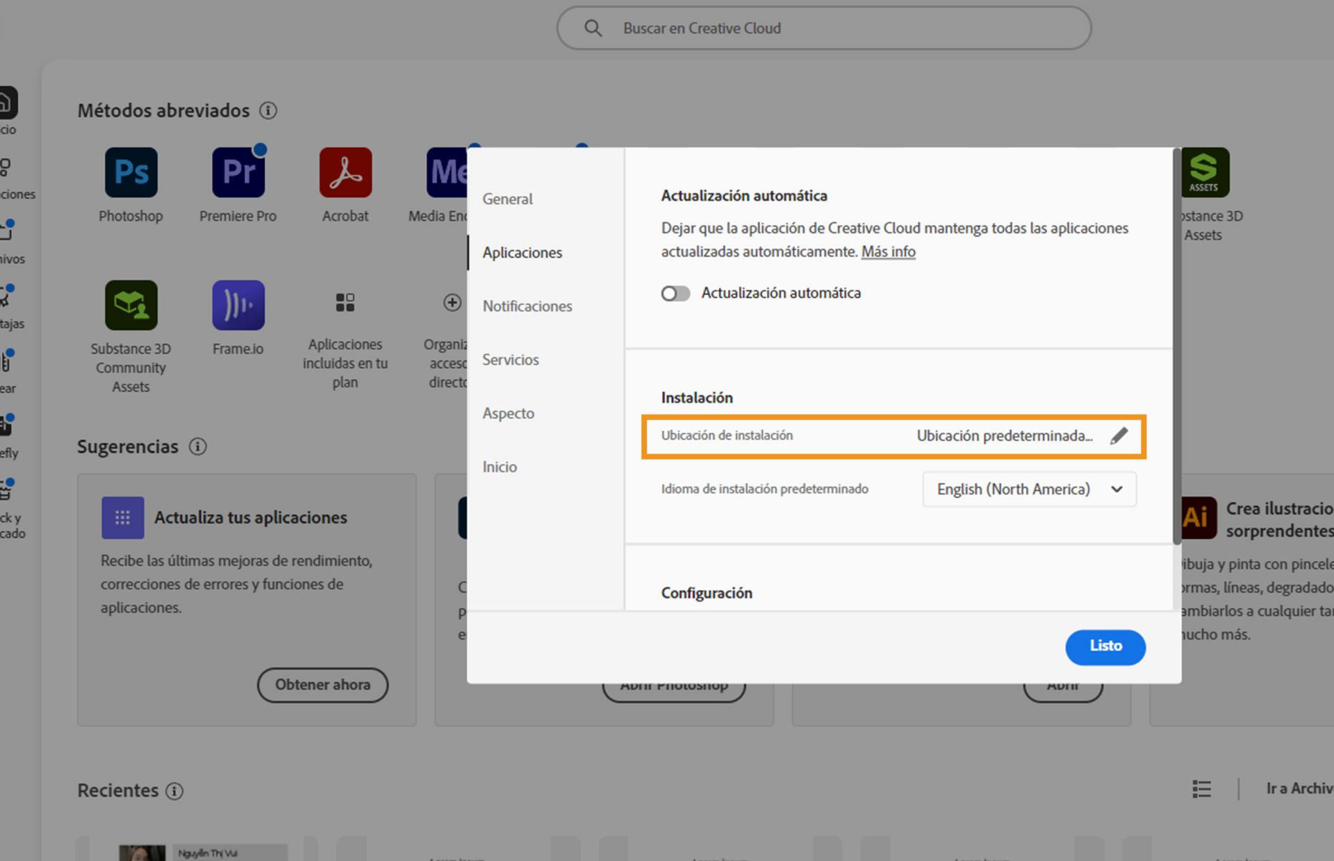 Panel de preferencias de Adobe Creative Cloud abierto en la pestaña &quot;Aplicaciones&quot;, resaltando la sección &quot;Instalación&quot; donde los usuarios pueden establecer la ubicación de instalación predeterminada.