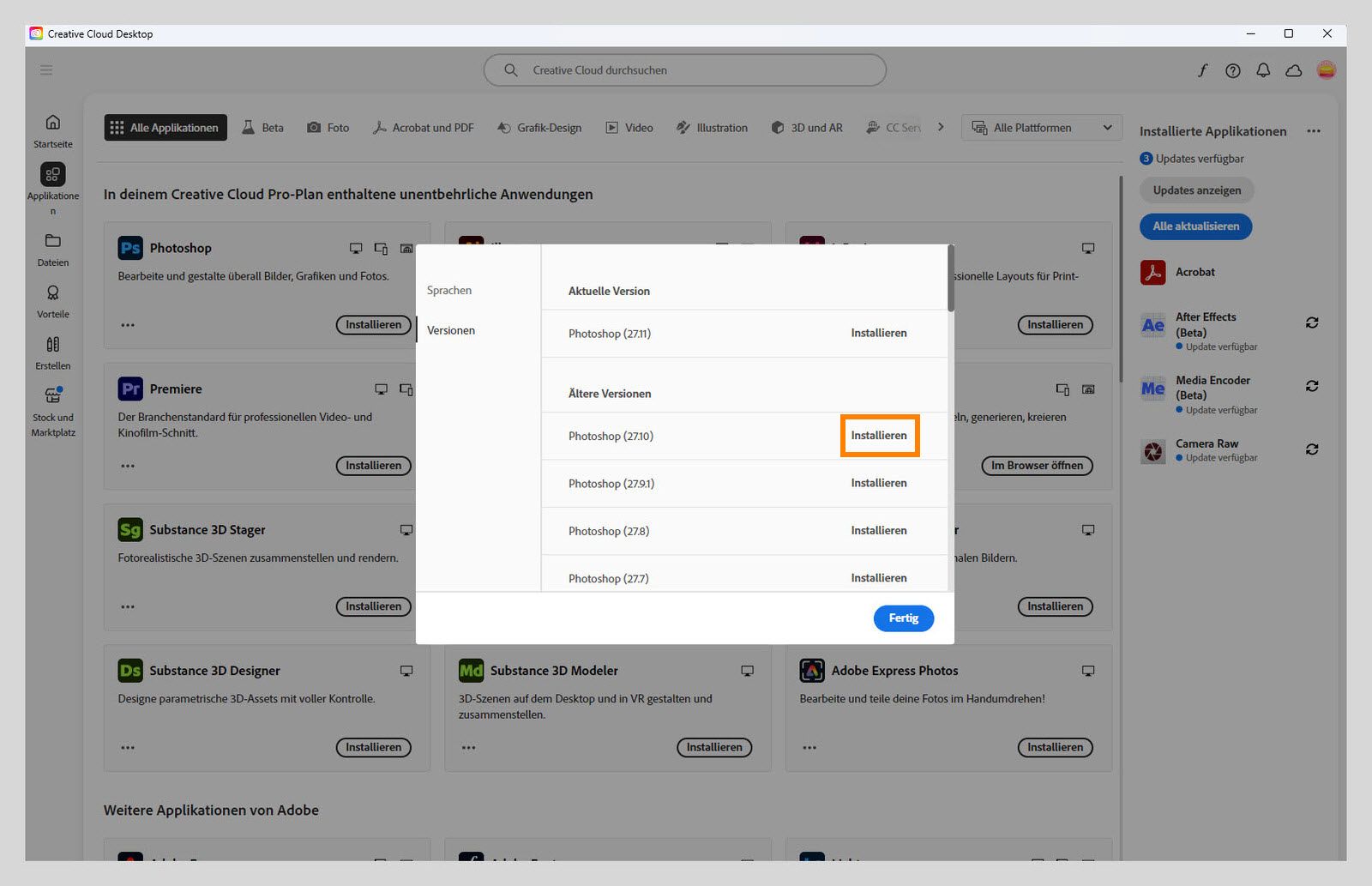Der Reiter „Versionen“ zeigt die Liste der älteren Versionen von Creative Cloud-Anwendungen, die zur Installation verfügbar sind. 