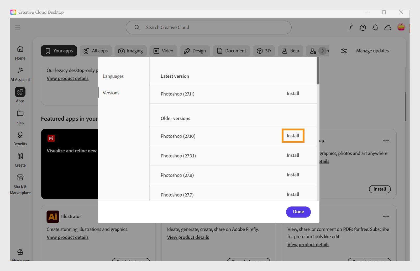 تعرض علامة التبويب "الإصدارات" قائمة بالإصدارات الأقدم من تطبيقات Creative Cloud المتاحة للتثبيت. 