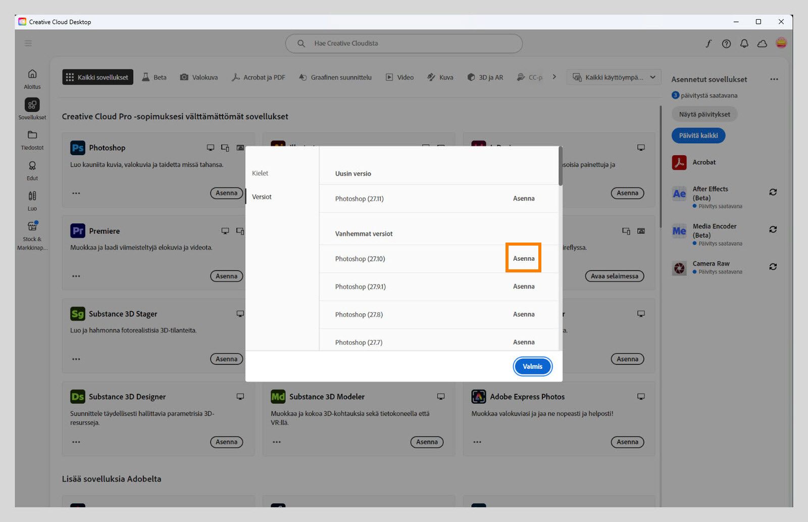 Versiot-välilehdellä näkyy luettelo asennettavissa olevista Creative Cloud -sovellusten vanhemmista versioista. 