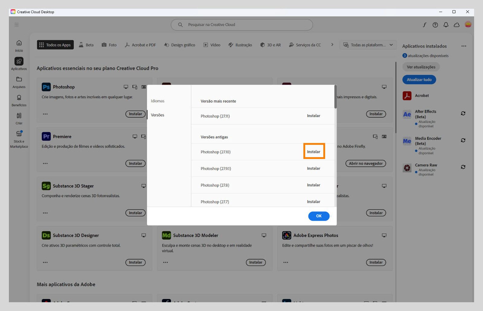 A guia Versões mostra a lista de versões anteriores dos aplicativos da Creative Cloud que estão disponíveis para instalação. 