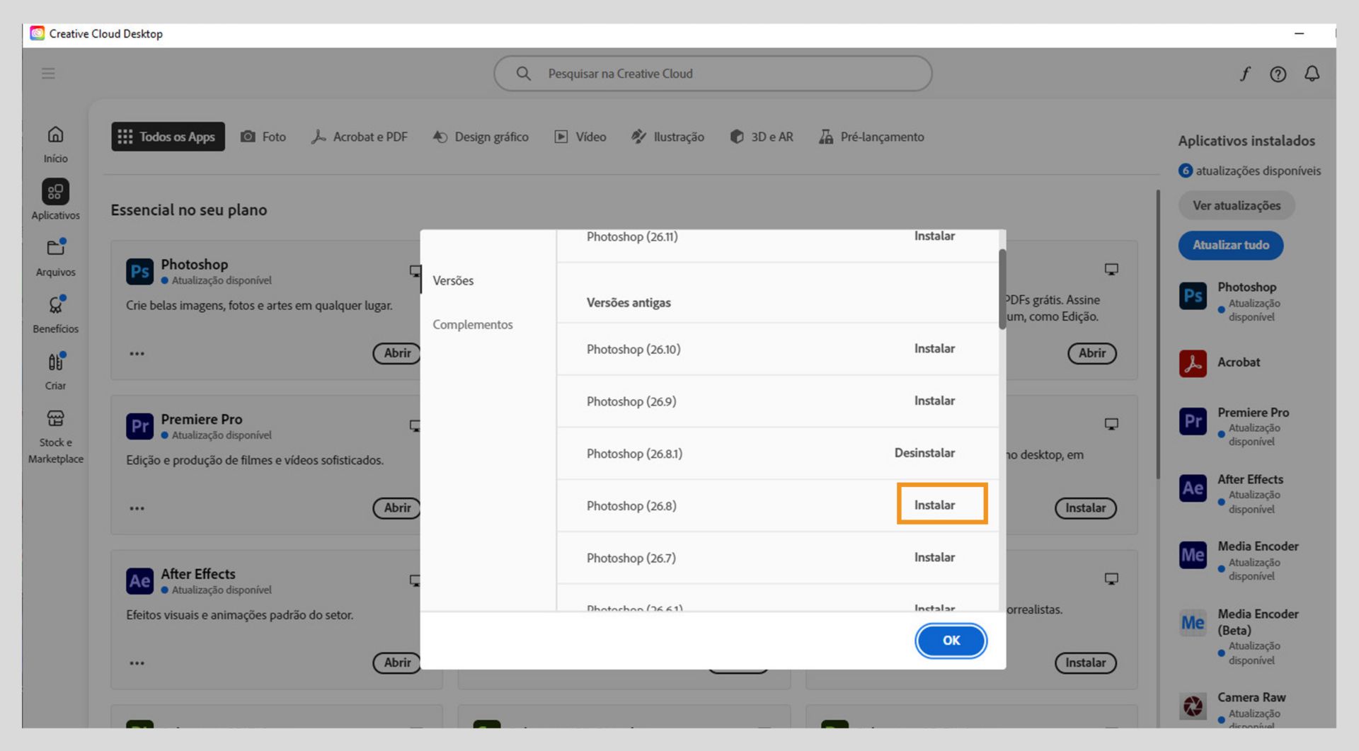 A guia Versões mostra a lista de versões anteriores dos aplicativos da Creative Cloud que estão disponíveis para instalação. 