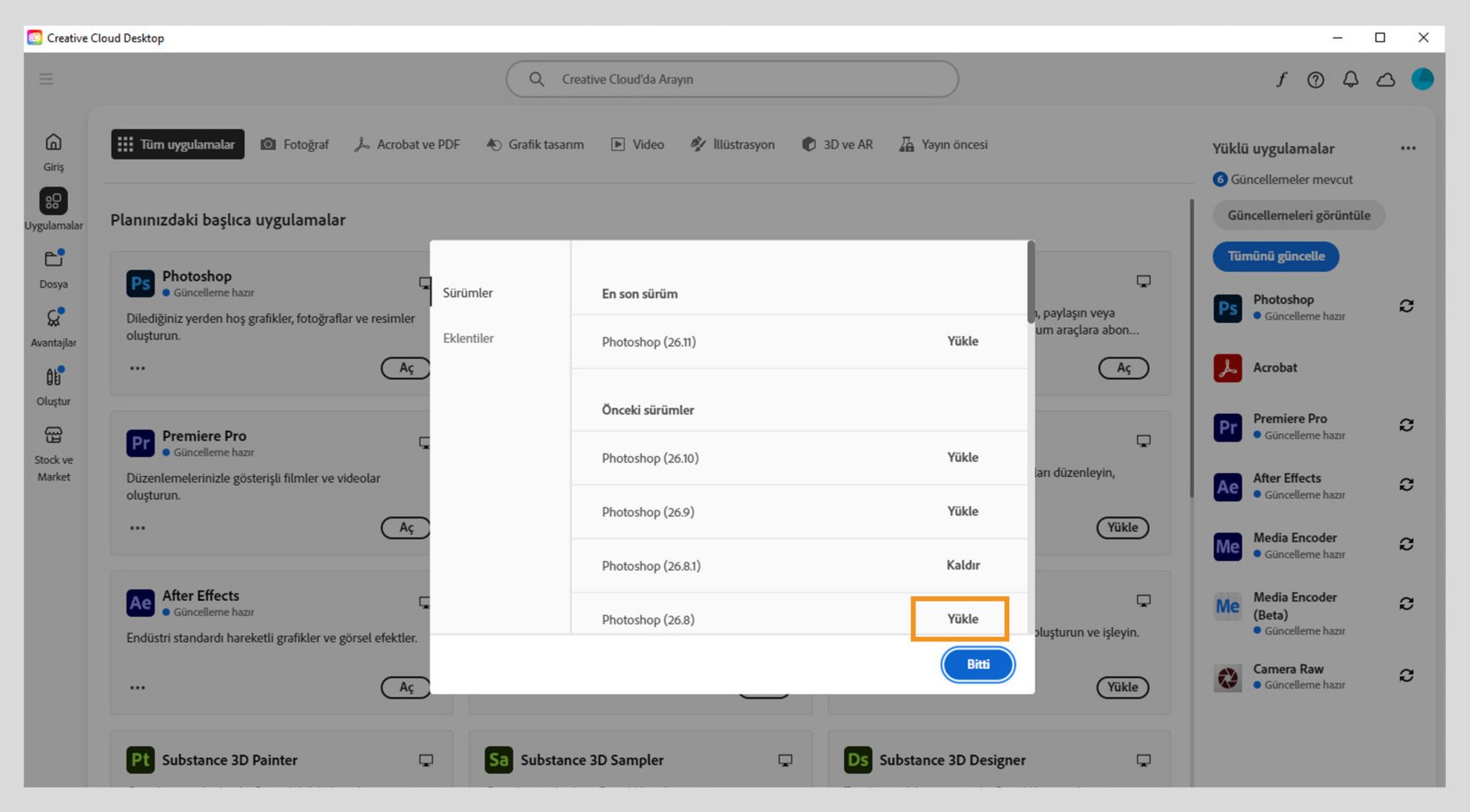 Sürümler sekmesi, yüklenebilecek Creative Cloud uygulamalarının eski sürümlerinin listesini gösterir. 