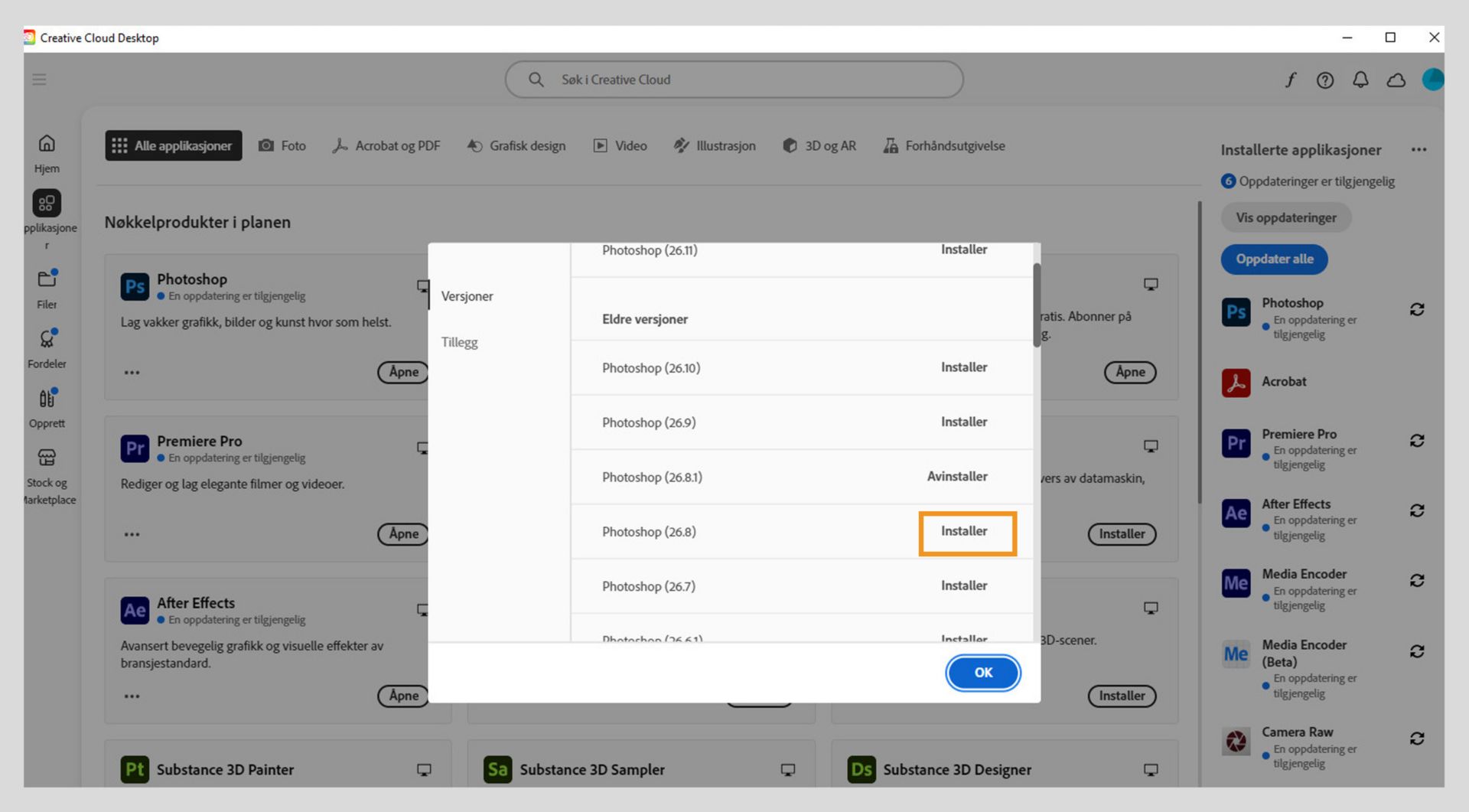 Fanen Versjoner viser listen over eldre versjoner av Creative Cloud-apper som er tilgjengelige for installasjon. 