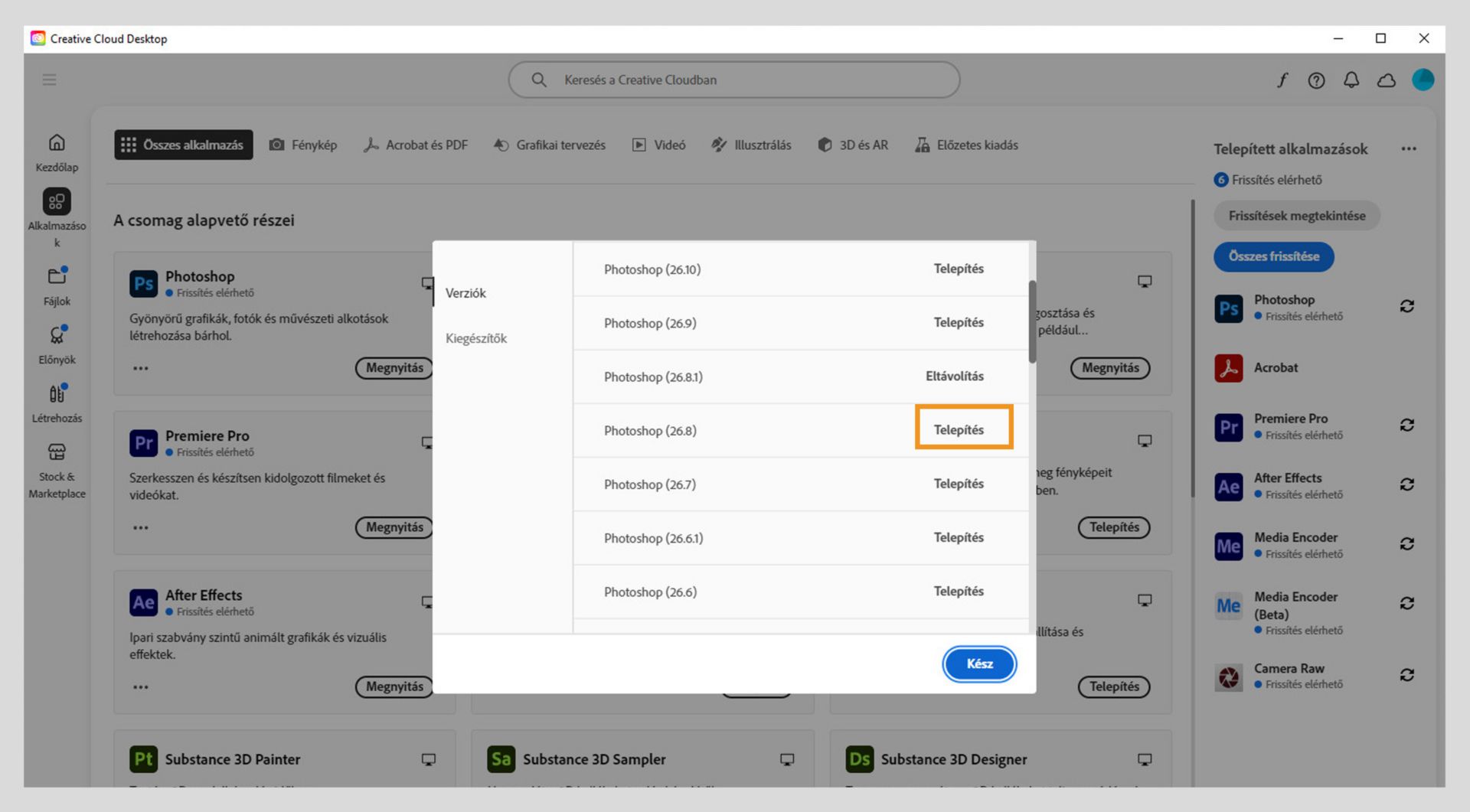 A Verziók fül mutatja a Creative Cloud-alkalmazások telepíthető régebbi verzióinak listáját. 