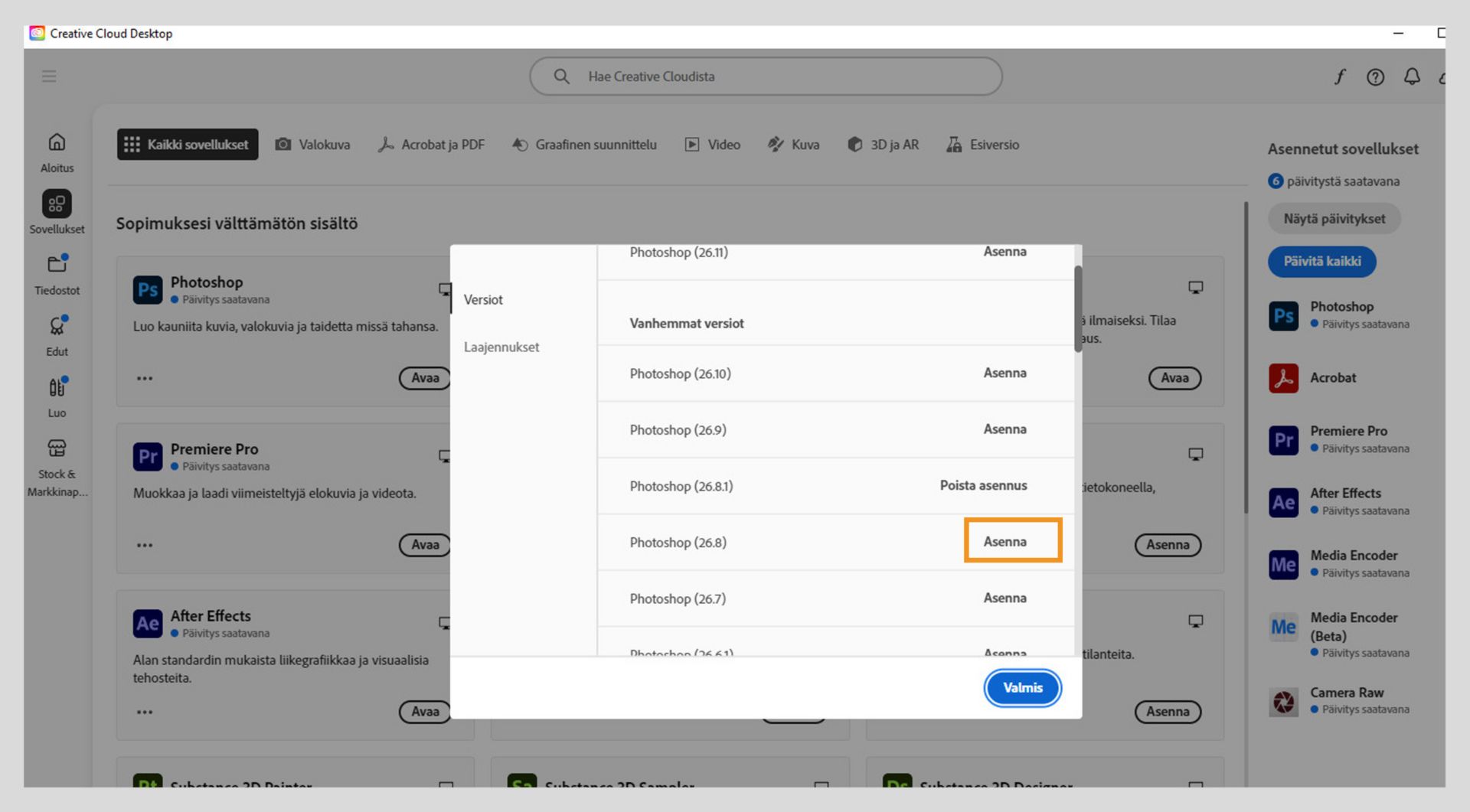 Versiot-välilehdellä näkyy luettelo asennettavissa olevista Creative Cloud -sovellusten vanhemmista versioista. 