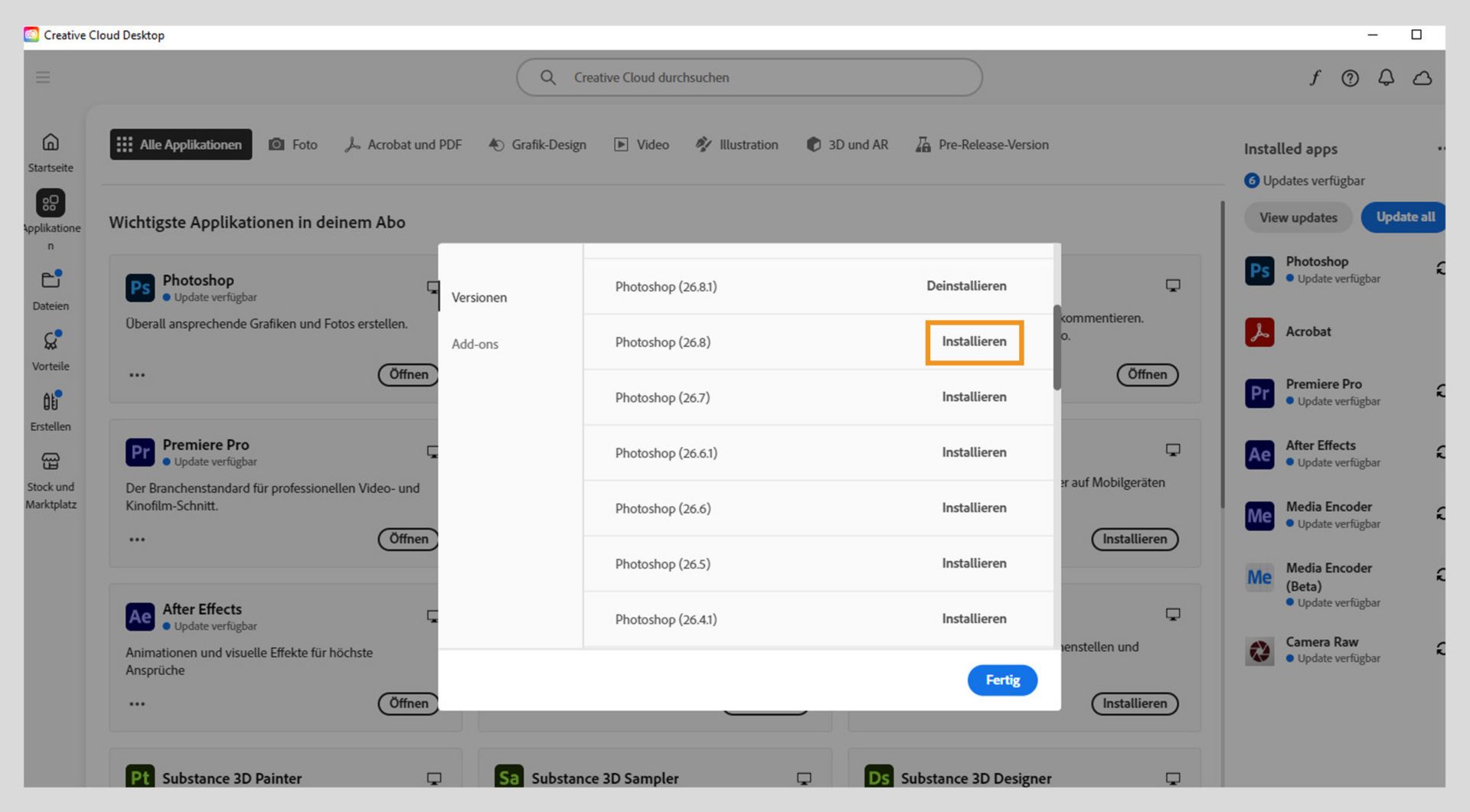 Der Reiter „Versionen“ zeigt die Liste der älteren Versionen von Creative Cloud-Anwendungen, die zur Installation verfügbar sind. 