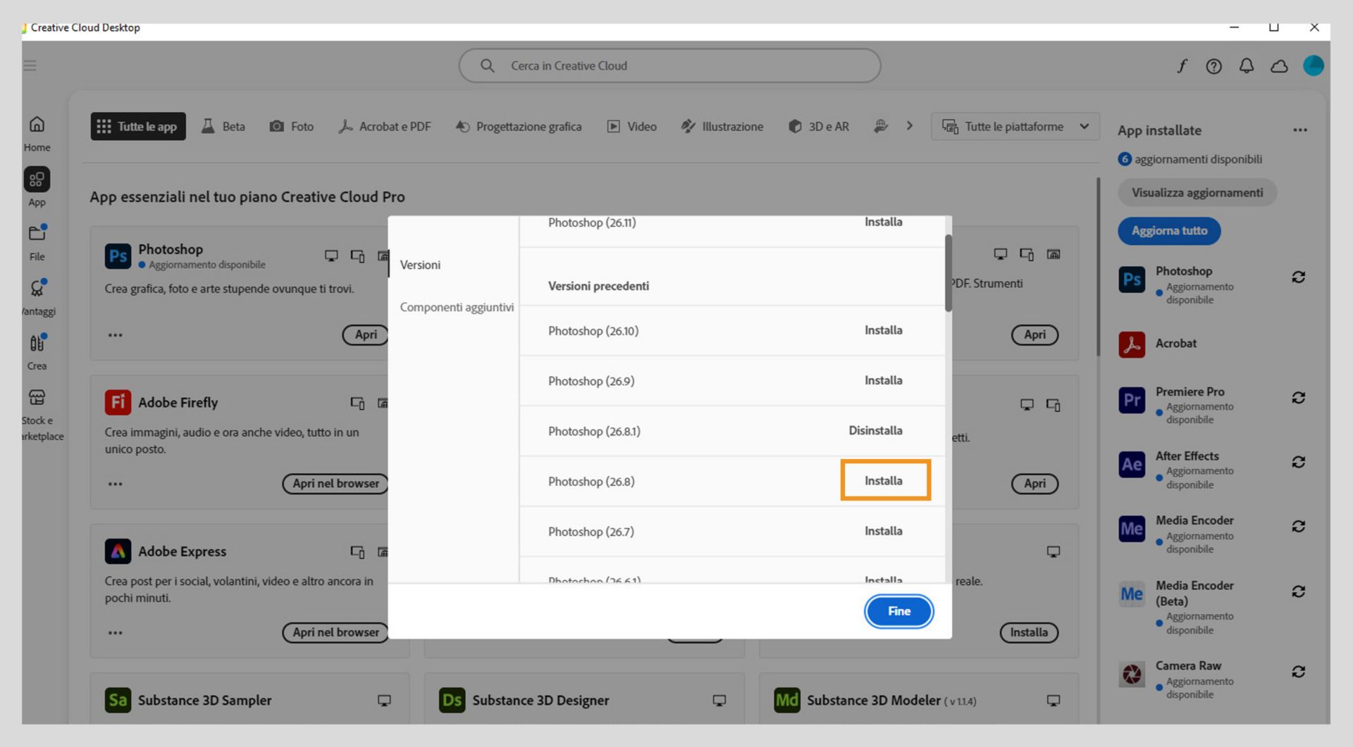 La scheda Versioni mostra l'elenco delle versioni precedenti delle applicazioni Creative Cloud disponibili per l'installazione. 