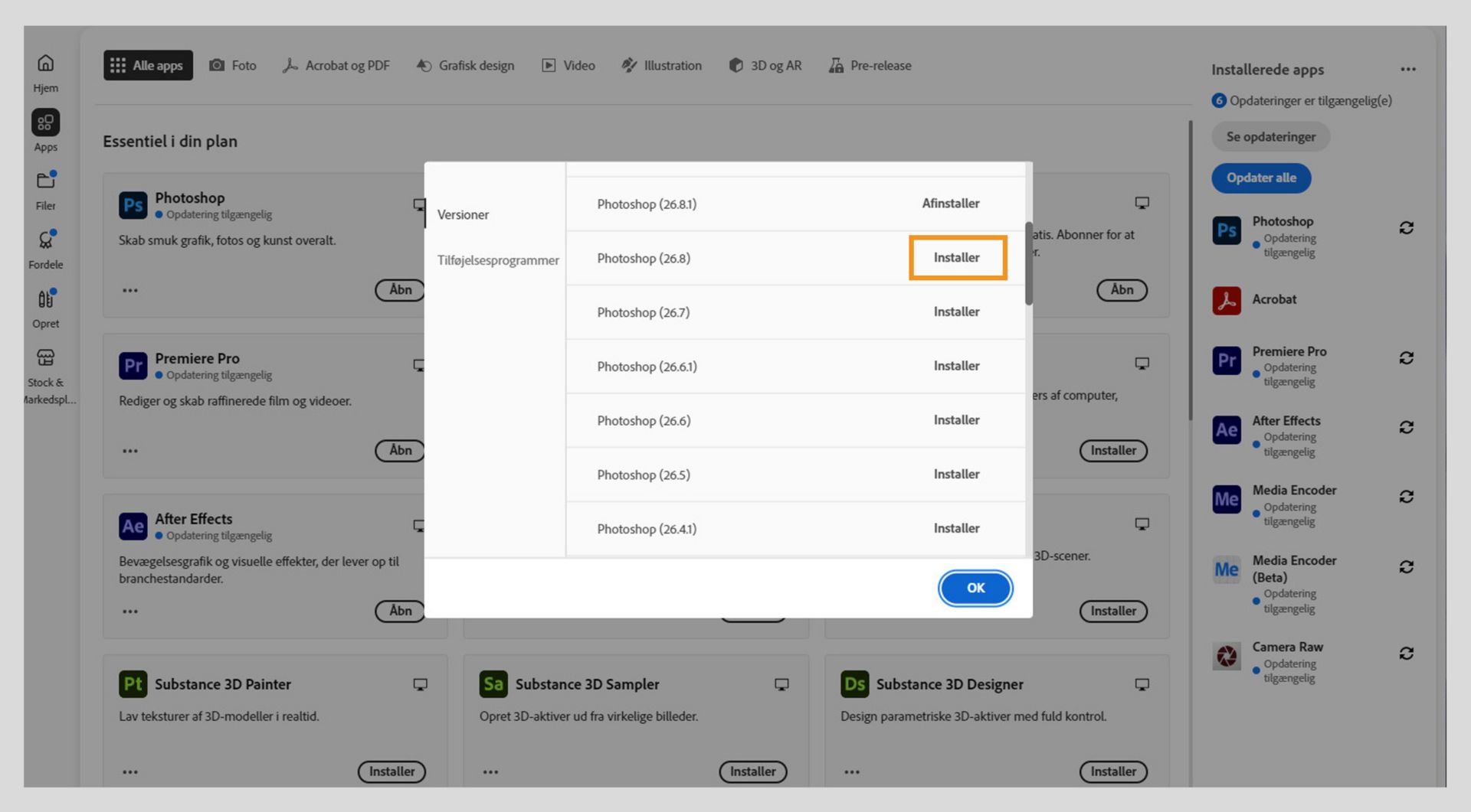 Fanen Versioner viser listen over ældre versioner af Creative Cloud-apps, der er tilgængelige for installation. 