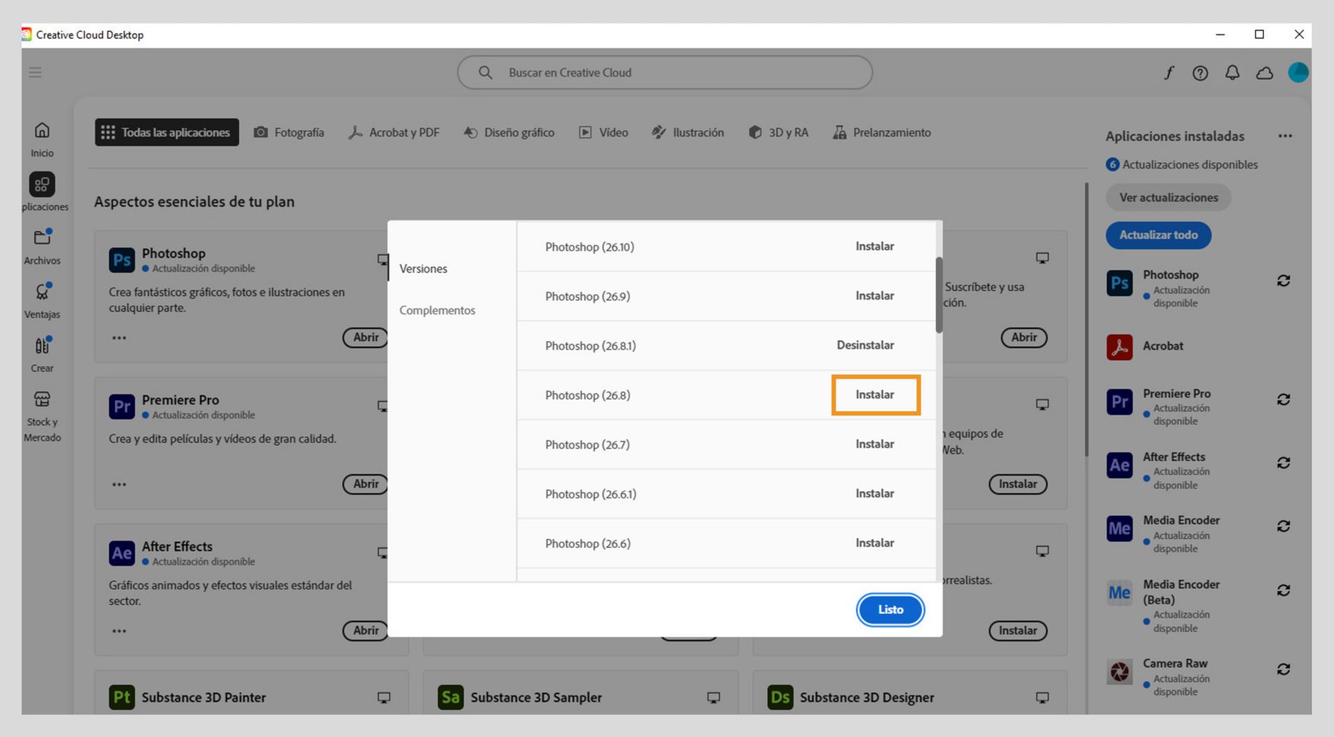 La pestaña Versiones muestra la lista de versiones anteriores de las aplicaciones de Creative Cloud que están disponibles para instalar. 