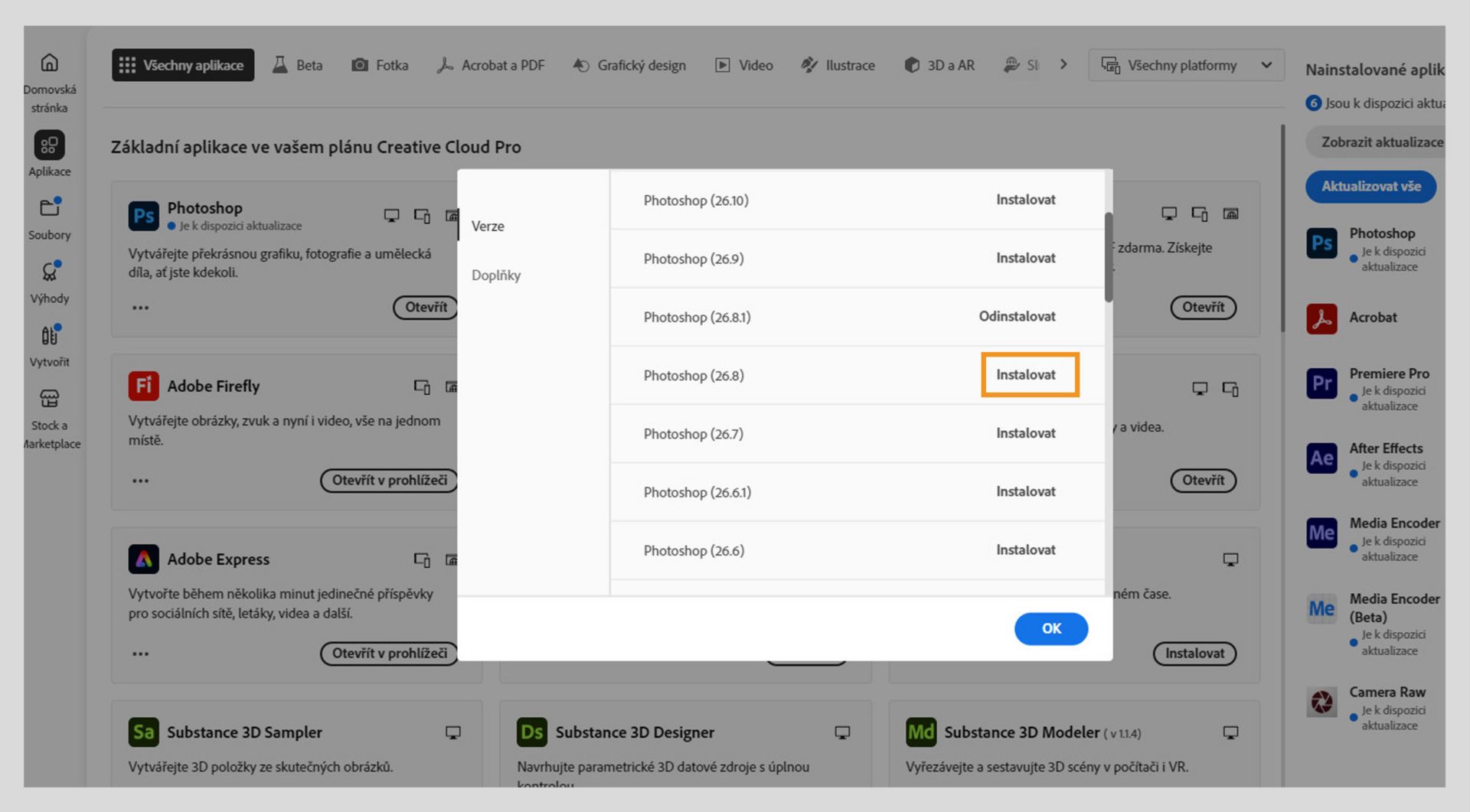 Karta Verze zobrazuje seznam starších verzí aplikací Creative Cloud, které jsou k dispozici pro instalaci. 