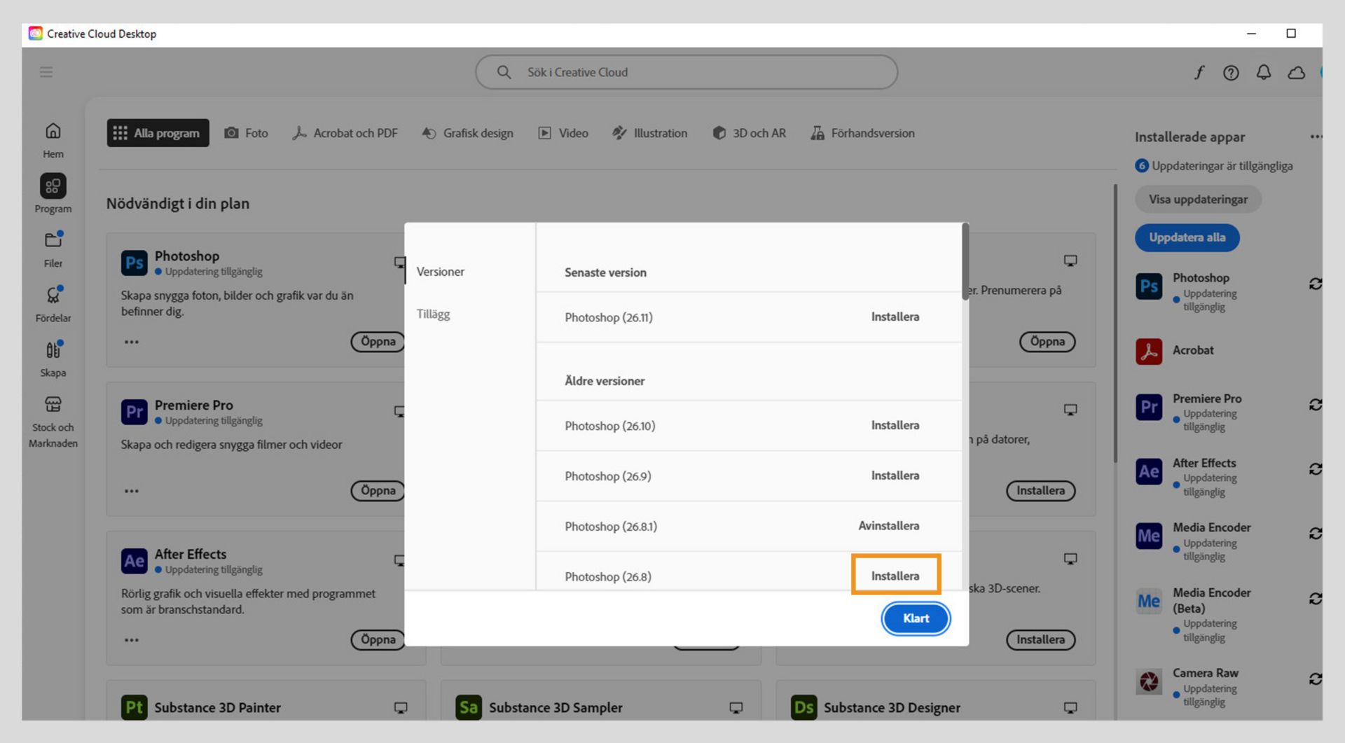 Fliken Versioner visar listan över äldre versioner av Creative Cloud-appar som finns tillgängliga för installation. 
