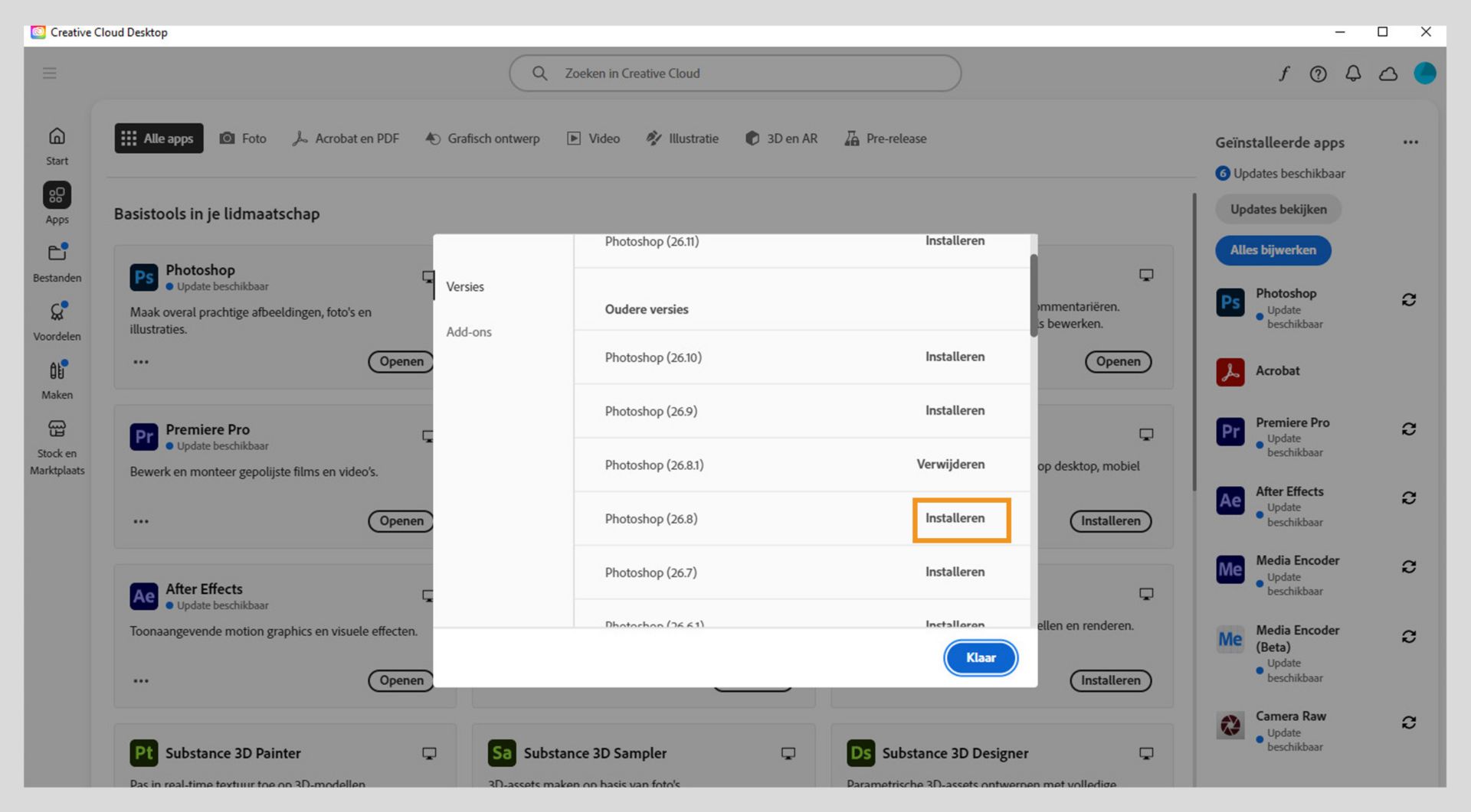 Het tabblad Versies toont de lijst met eerdere versies van Creative Cloud-apps die beschikbaar zijn om te installeren. 