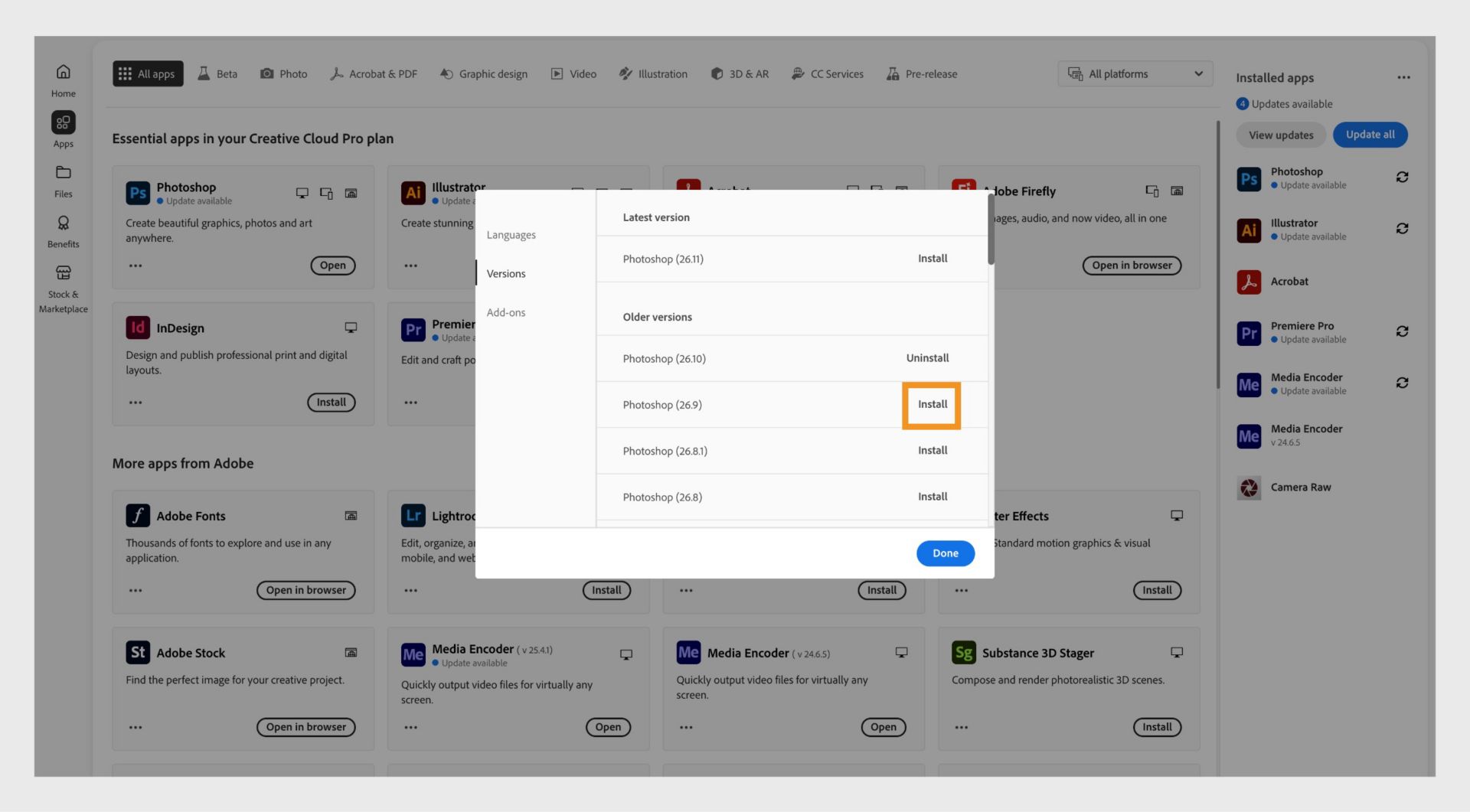 The Versions tab shows the list of older versions of Creative Cloud apps that are available to install. 