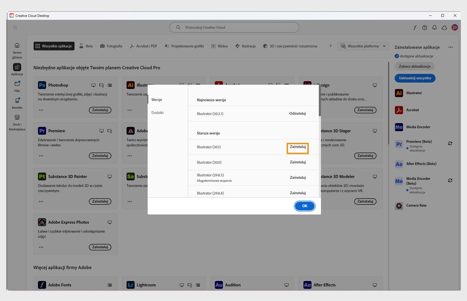 Karta Wersje pokazuje listę starszych wersji aplikacji Creative Cloud dostępnych do zainstalowania. 