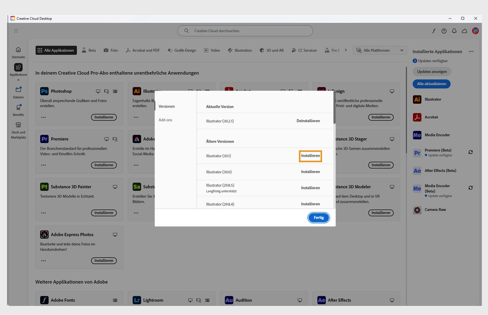 Der Reiter „Versionen“ zeigt die Liste der älteren Versionen von Creative Cloud-Anwendungen, die zur Installation verfügbar sind. 