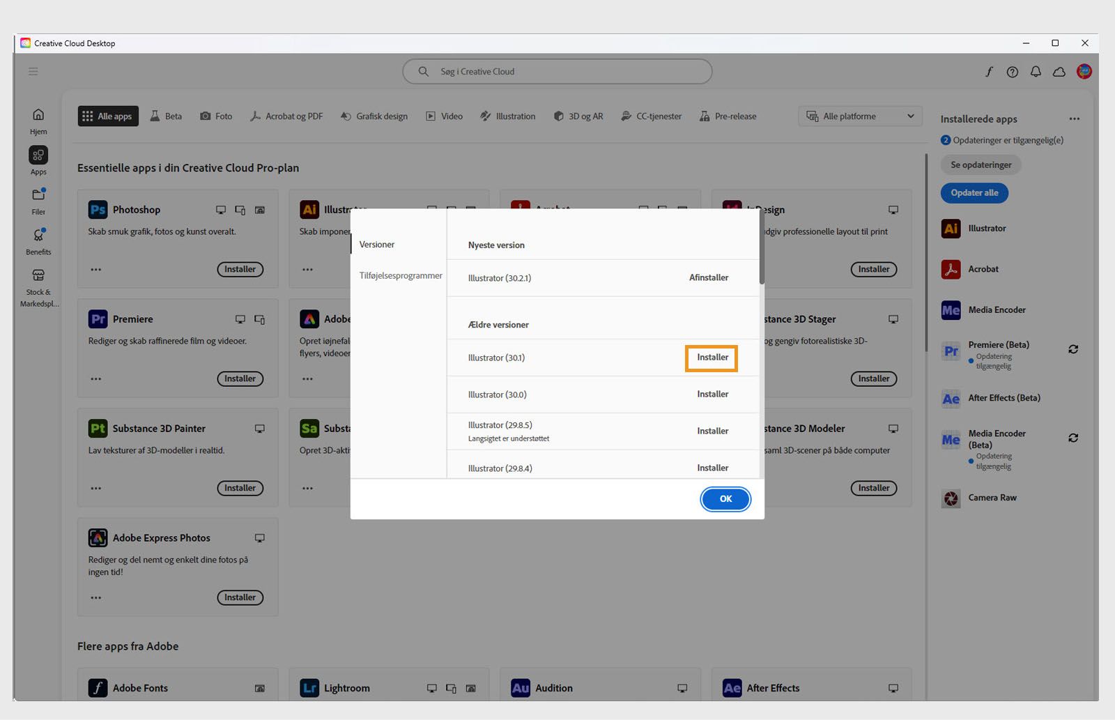Fanen Versioner viser listen over ældre versioner af Creative Cloud-apps, der er tilgængelige for installation. 