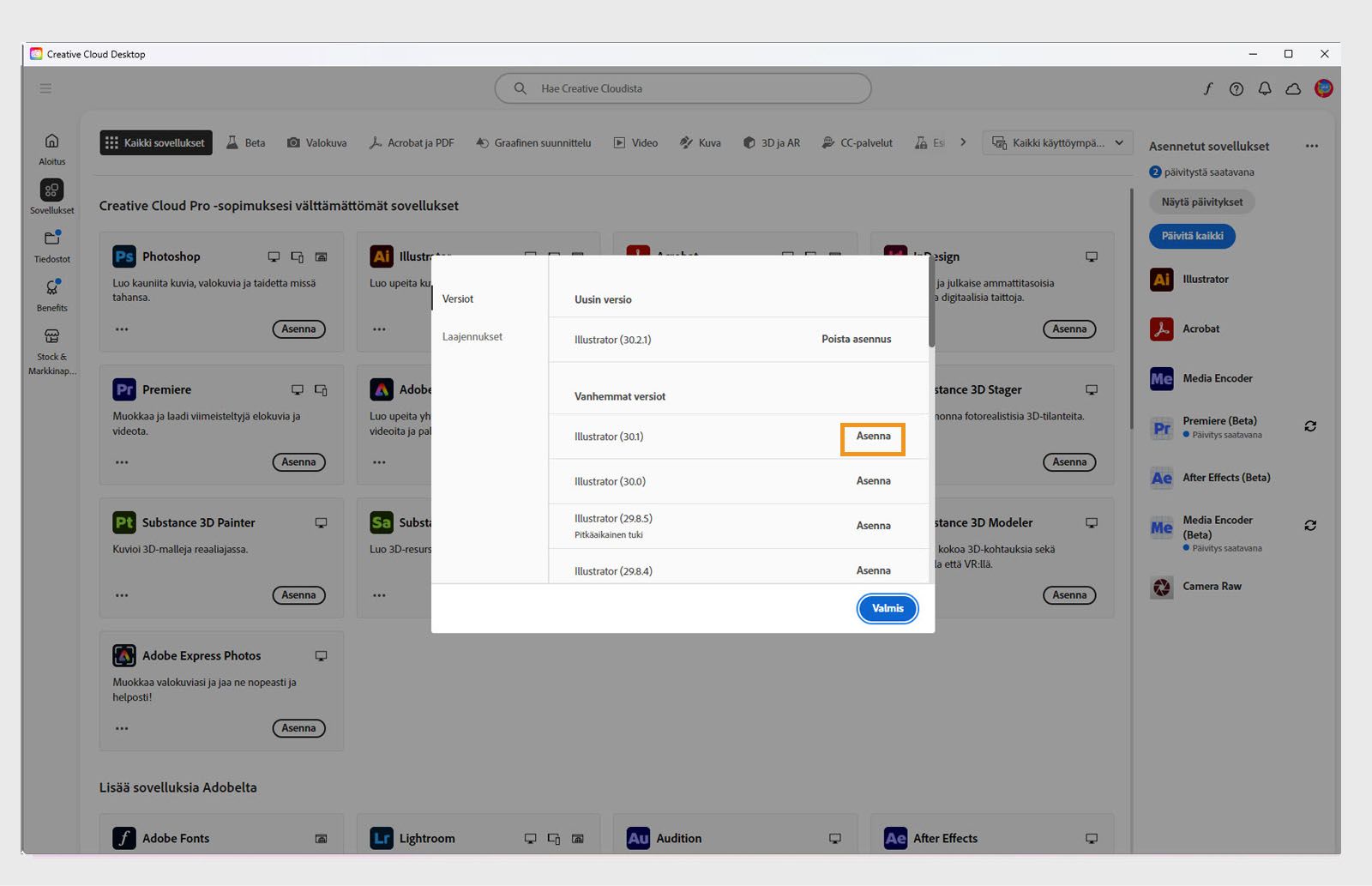 Versiot-välilehdellä näkyy luettelo asennettavissa olevista Creative Cloud -sovellusten vanhemmista versioista. 