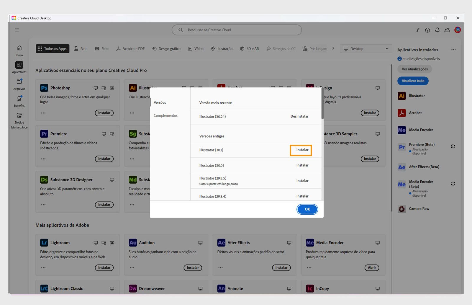 A guia Versões mostra a lista de versões anteriores dos aplicativos da Creative Cloud que estão disponíveis para instalação. 