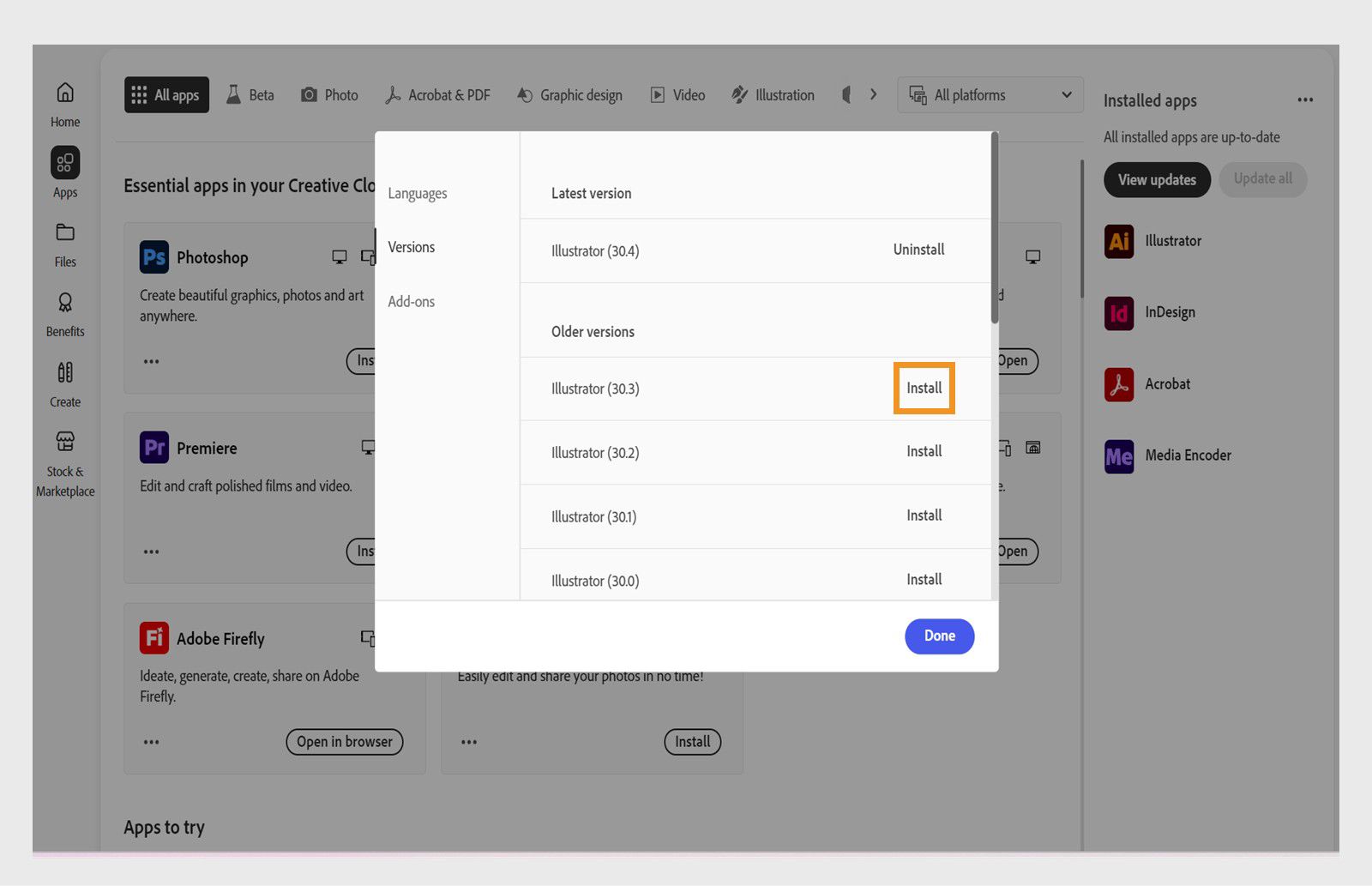 Skirtuke „Versijos“ rodomas senesnių „Creative Cloud“ programų versijų, kurias galima įdiegti, sąrašas. 