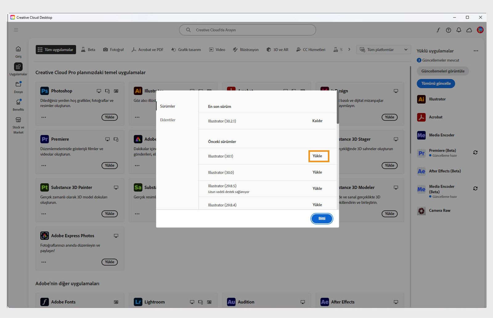 Sürümler sekmesi, yüklenebilecek Creative Cloud uygulamalarının eski sürümlerinin listesini gösterir. 