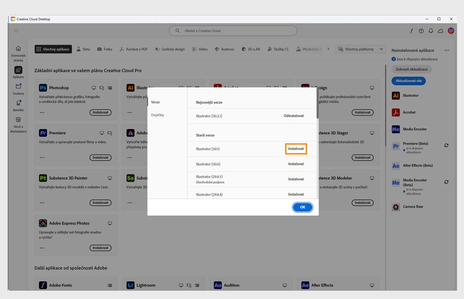 Karta Verze zobrazuje seznam starších verzí aplikací Creative Cloud, které jsou k dispozici pro instalaci. 