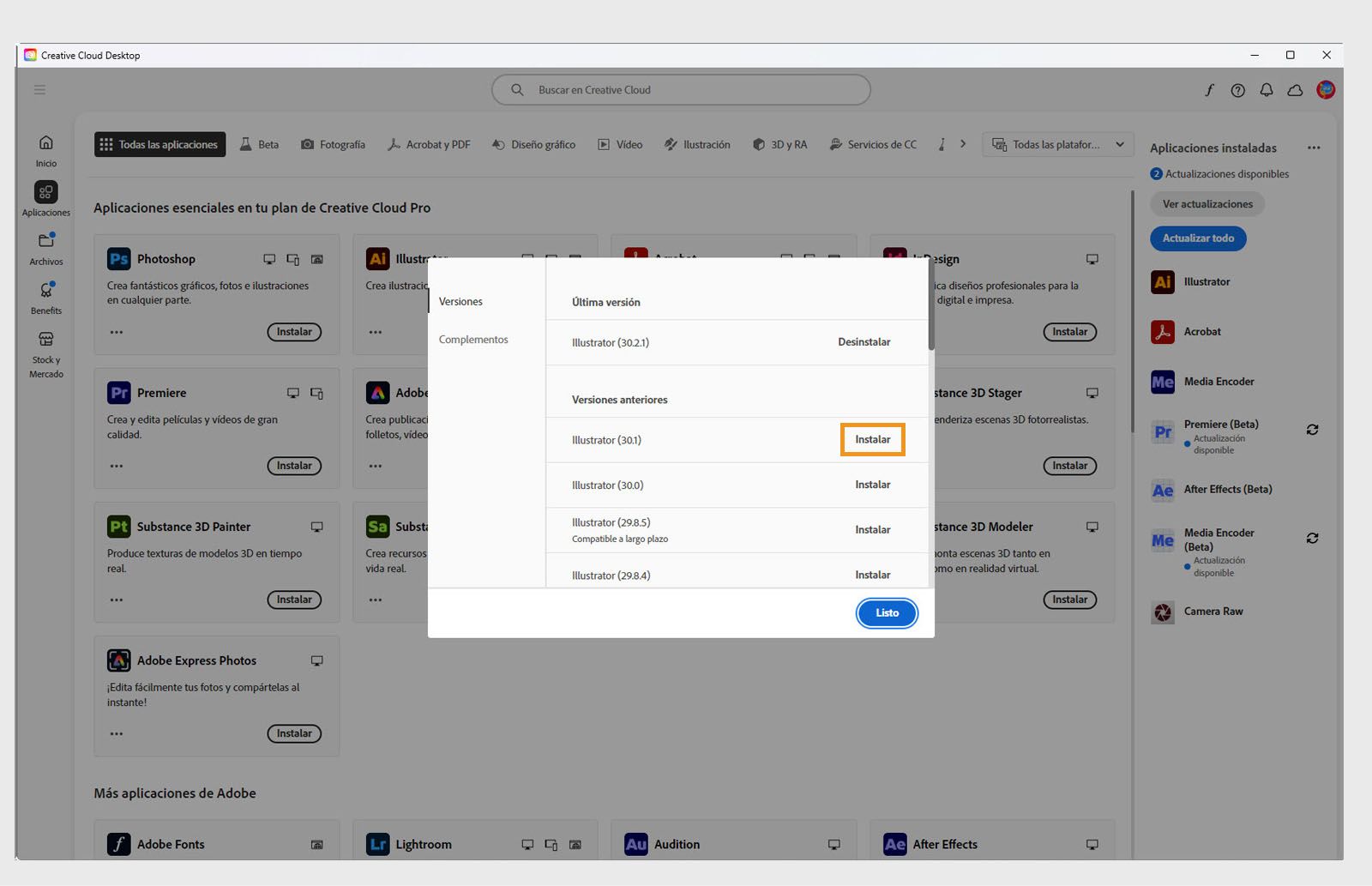 La pestaña Versiones muestra la lista de versiones anteriores de las aplicaciones de Creative Cloud que están disponibles para instalar. 