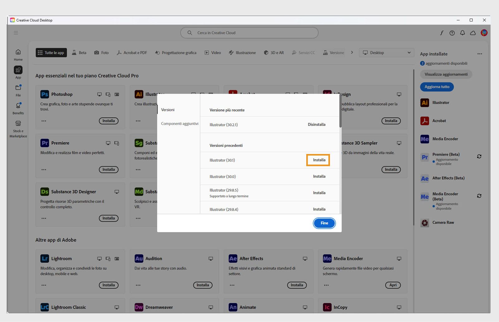 La scheda Versioni mostra l'elenco delle versioni precedenti delle applicazioni Creative Cloud disponibili per l'installazione. 