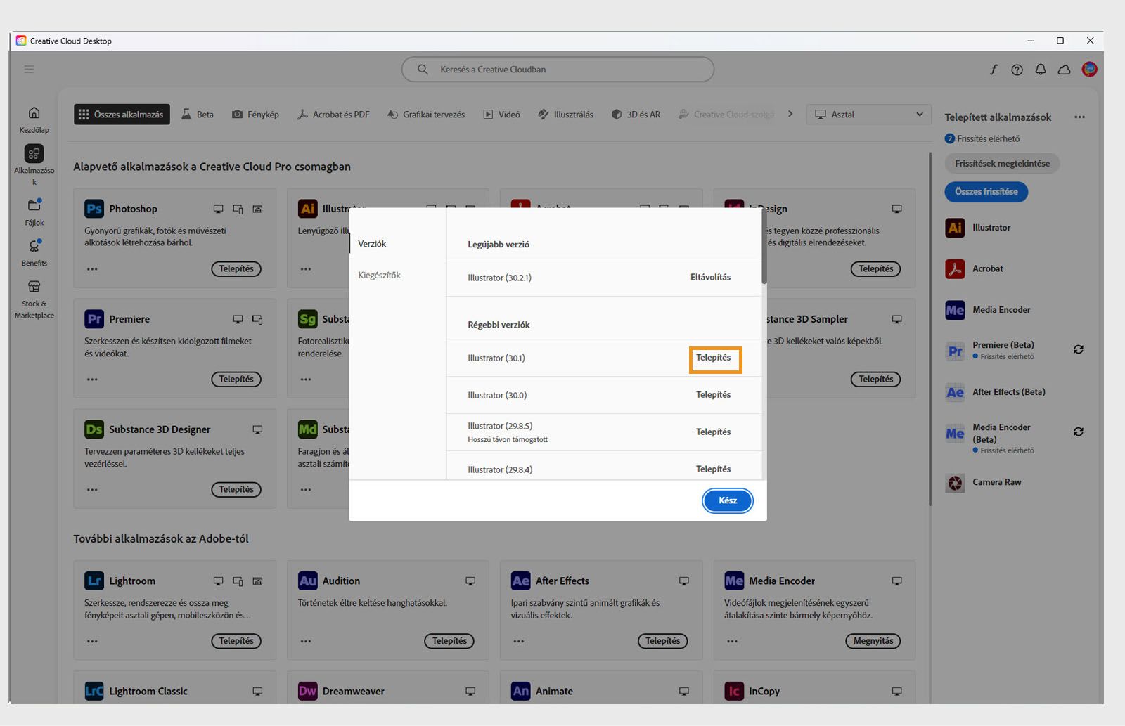 A Verziók fül mutatja a Creative Cloud-alkalmazások telepíthető régebbi verzióinak listáját. 