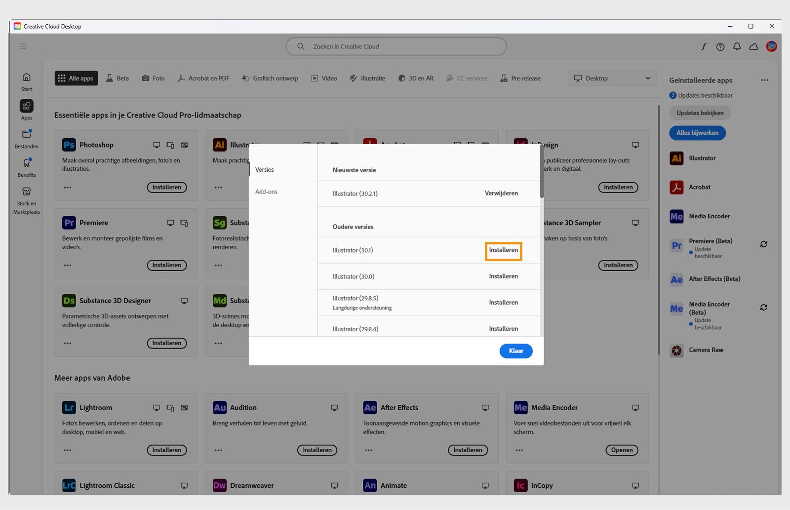 Het tabblad Versies toont de lijst met eerdere versies van Creative Cloud-apps die beschikbaar zijn om te installeren. 