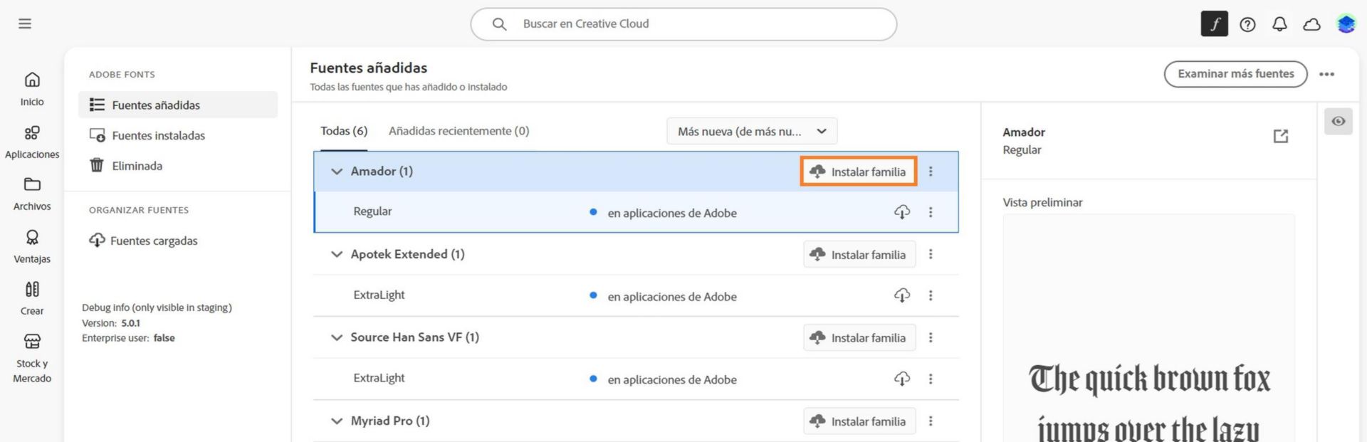 En la sección Fuentes añadidas, seleccione Instalar familia, al lado derecho de la fuente.
