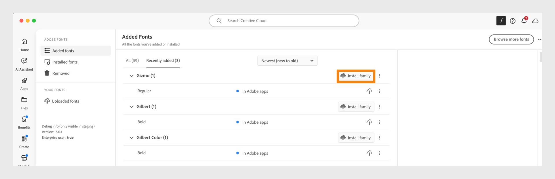 Under the Added fonts section, select Install family present in right side of the font.