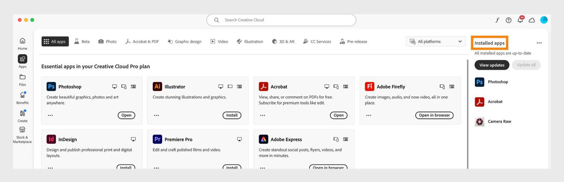 Tab Aplikasi di aplikasi desktop Creative Cloud menampilkan bagian 'Aplikasi terinstal' dengan opsi untuk Melihat pembaruan dan Memperbarui semua aplikasi.