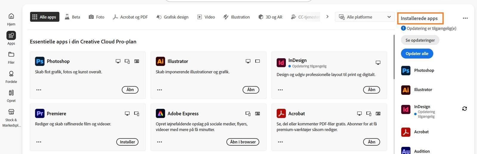 Fanen Apps i Creative Cloud-computerappen viser afsnittet "Installerede apps" med mulighed for at se opdateringer og opdatere alle apps.