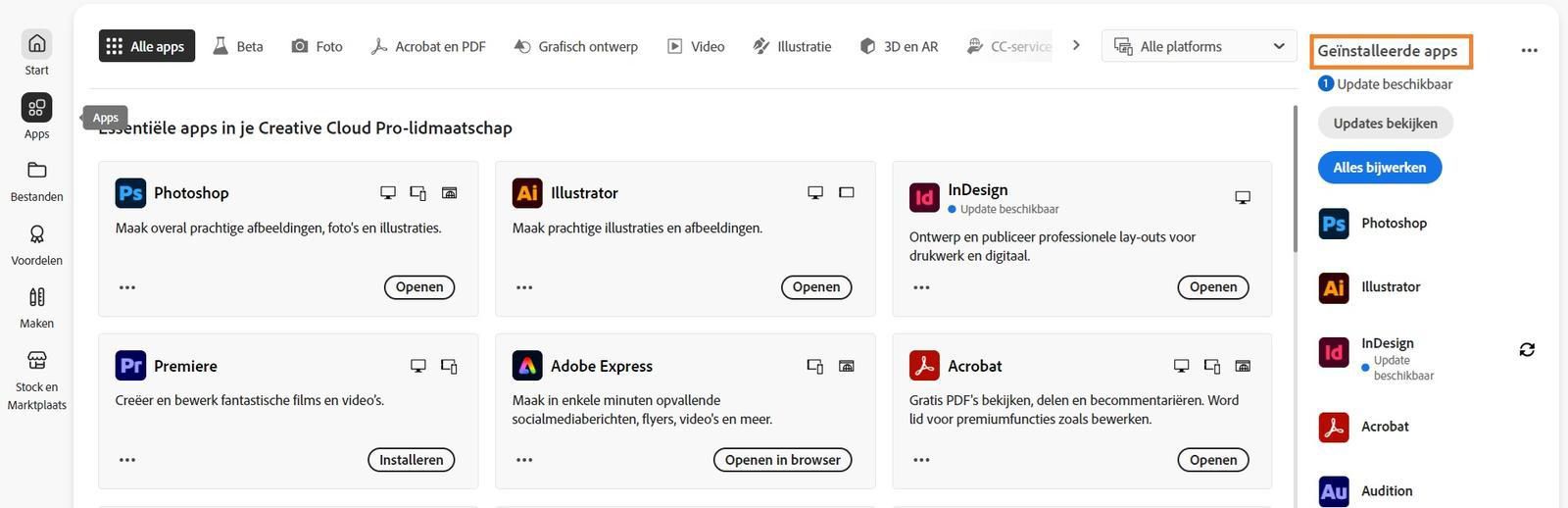 Het tabblad Apps in de Creative Cloud desktop-app bevat de sectie 'Geïnstalleerde apps' met de optie Updates weergeven en Alle apps bijwerken.
