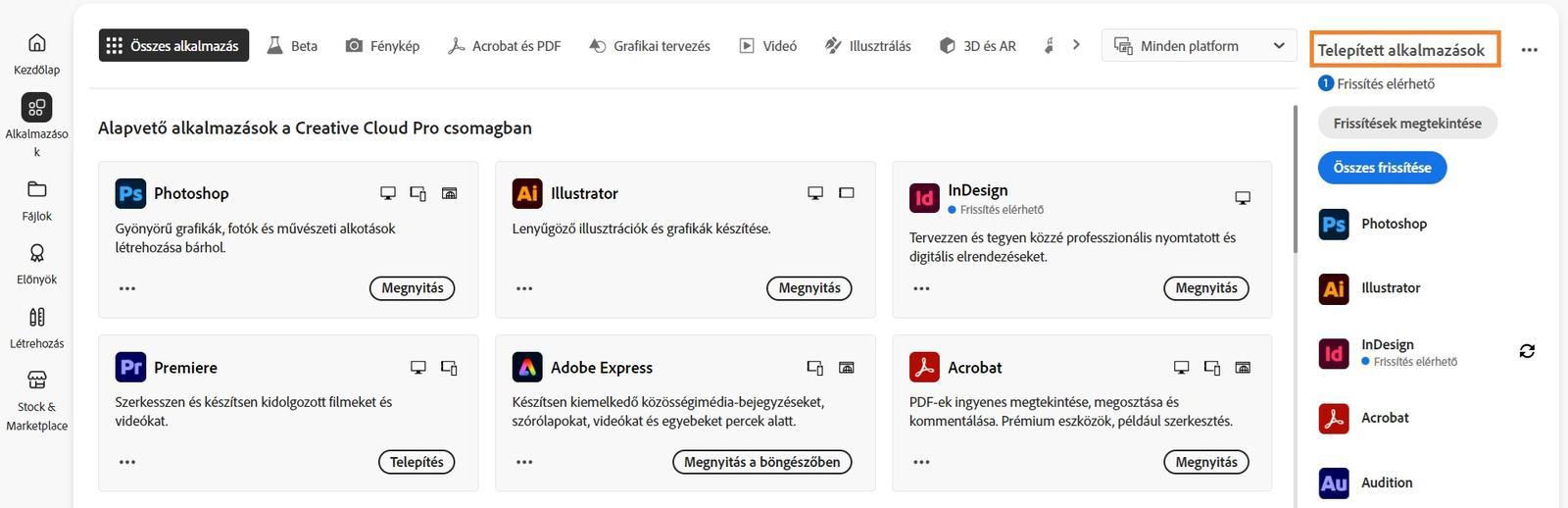 A Creative Cloud asztali alkalmazás Alkalmazások lapján megjelenik a „Telepített alkalmazások” rész, ahol megtalálható a Frissítések megtekintése és az Összes alkalmazás frissítése lehetőség.