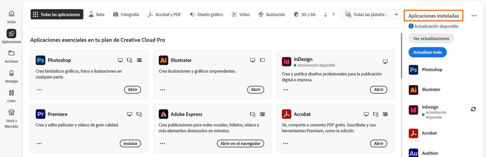 La pestaña Aplicaciones de la aplicación de Creative Cloud muestra la sección “Aplicaciones instaladas” con la opción de ver actualizaciones y actualizar todas las aplicaciones.