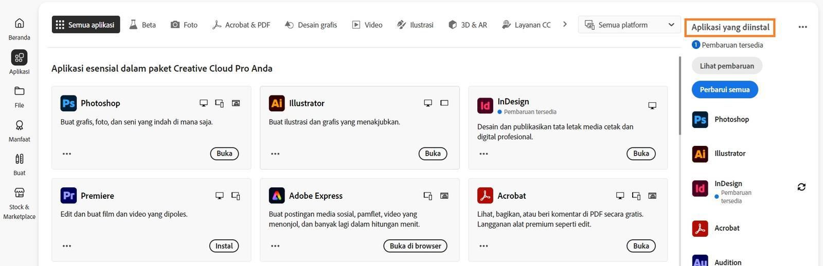 Tab Aplikasi di aplikasi desktop Creative Cloud menampilkan bagian 'Aplikasi terinstal' dengan opsi untuk Melihat pembaruan dan Memperbarui semua aplikasi.