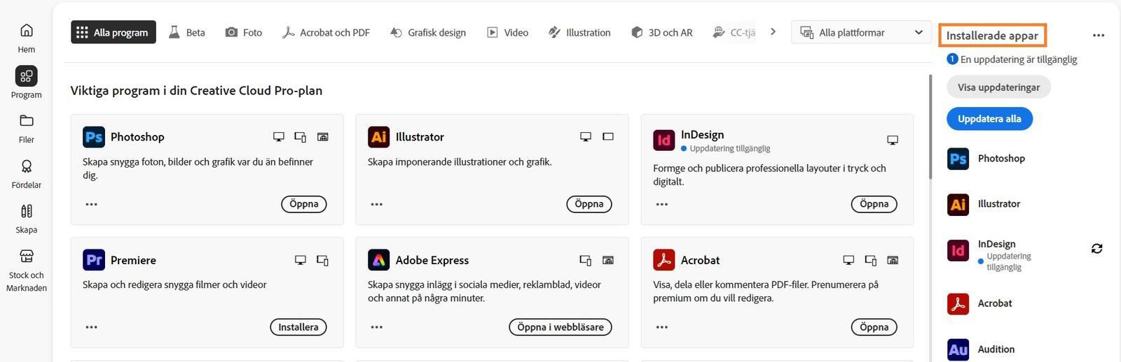 Fliken Program i Creative Cloud-datorprogrammet visar avsnittet Installerade program med alternativen Visa uppdateringar och Uppdatera alla program.