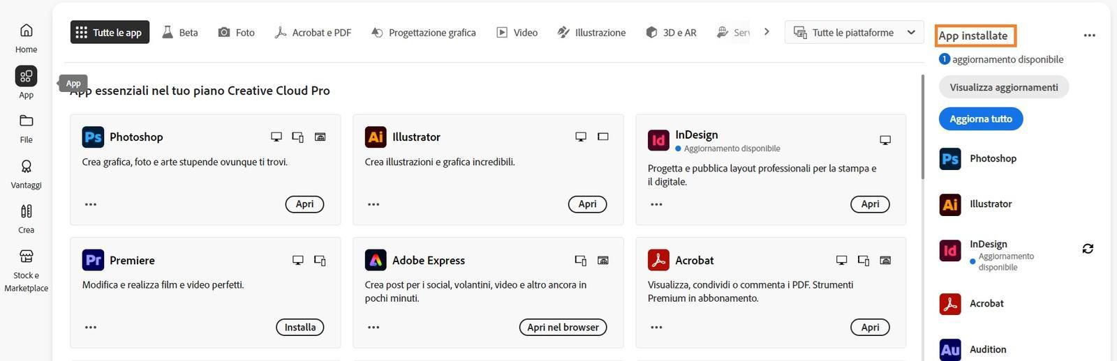 La scheda App nell'app Creative Cloud contiene la sezione “App installate” con le opzioni Visualizza aggiornamenti e Aggiorna tutte le app.