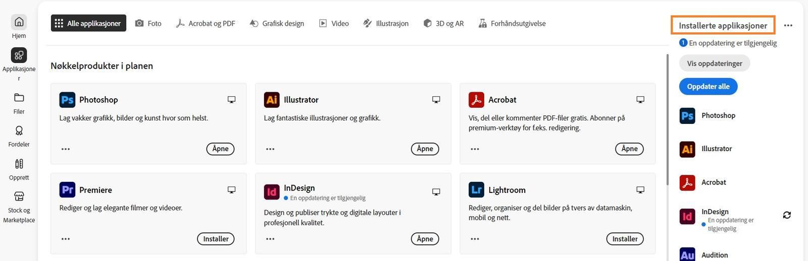 Apper-fanen i Creative Cloud-skrivebordsappen viser delen «Installerte apper» med alternativet Vis oppdateringer og Oppdater alle apper.