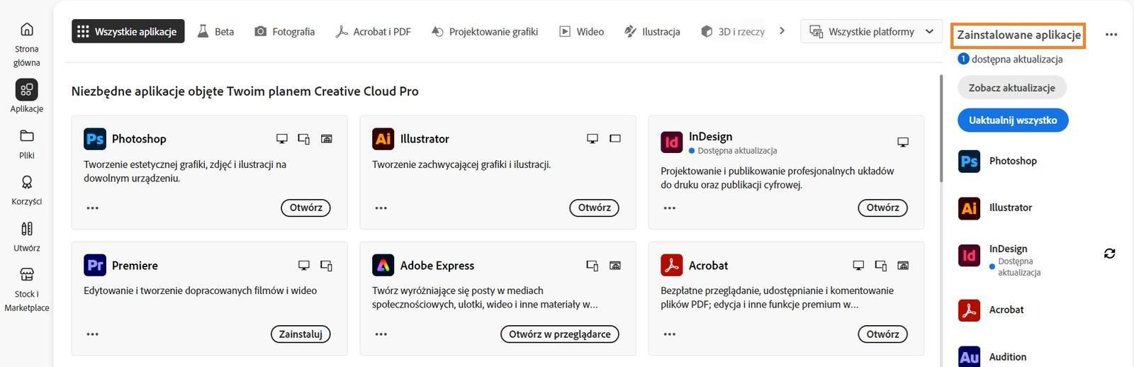 Karta Aplikacje w programie Creative Cloud Desktop wyświetla sekcję „Zainstalowane aplikacje” z opcjami Wyświetl aktualizacje i Aktualizuj wszystkie aplikacje.