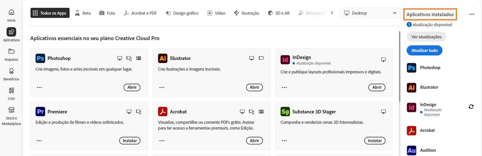 A guia Aplicativos no aplicativo de desktop da Creative Cloud exibe a seção “Aplicativos instalados” com a opção Exibir atualizações e Atualizar todos os aplicativos.